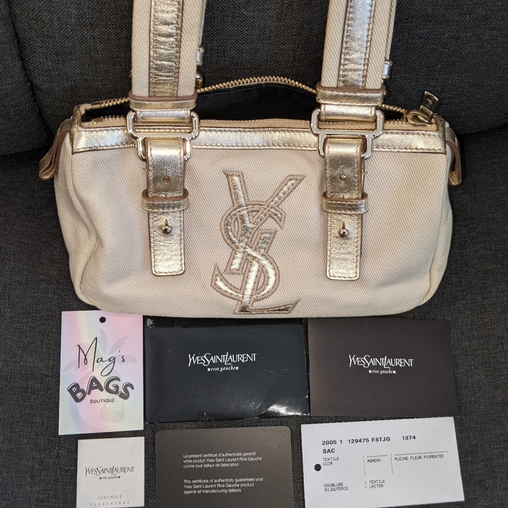 YSL: Metallic Mini Boston Kahala Canvas Leather Tote Shoulder Bag - Picture 3 of 16